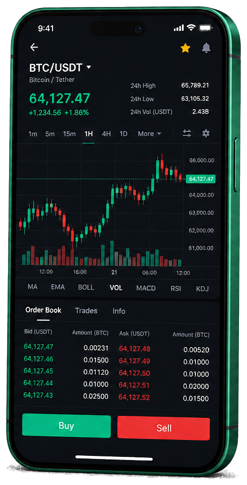 Crownex GPT app for mobile — live BTC/USDT graph, order book, and trade dashboard